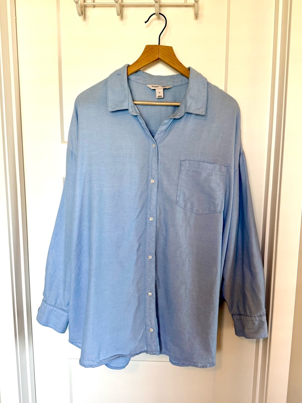 Light Blue Women’s Button-Down Boyfriend Shirt. Old Navy